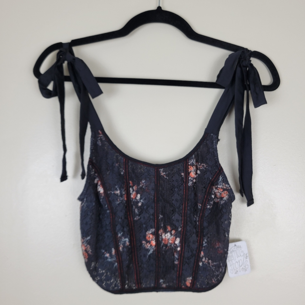 Free People Navy Floral Lace Tie-Shoulder Crop Top